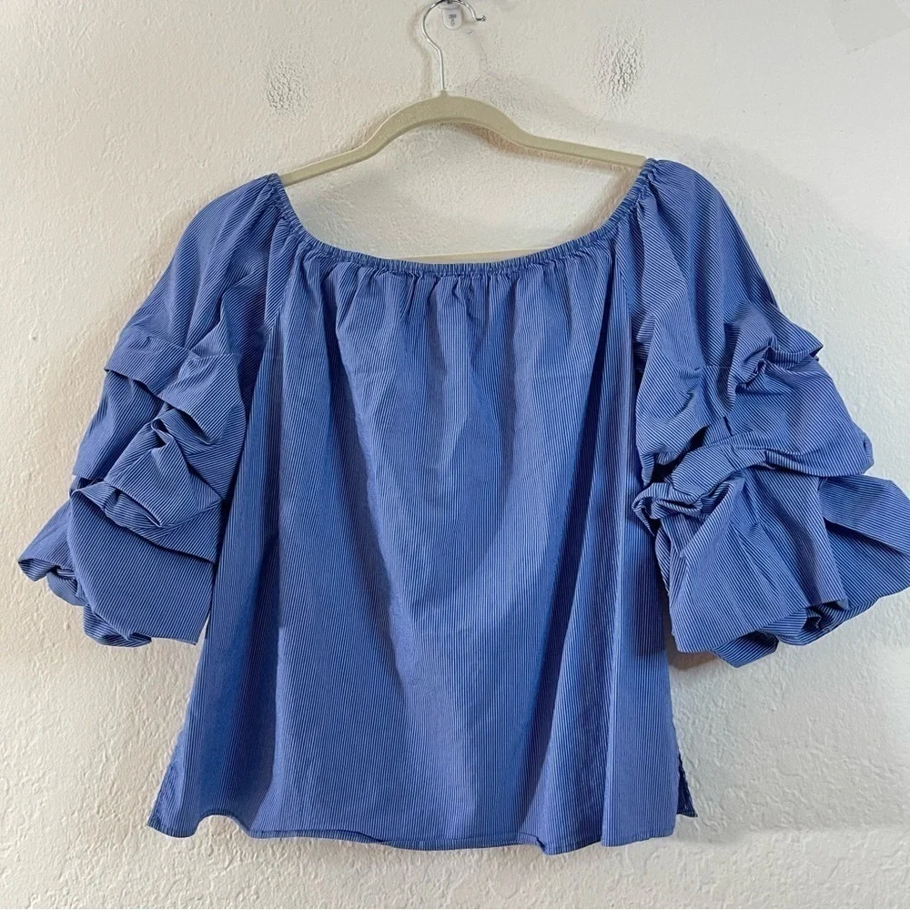 Zara Puff Sleeve Pinstripe Off Shoulder Blouse Women Size Small Blue/White Boho